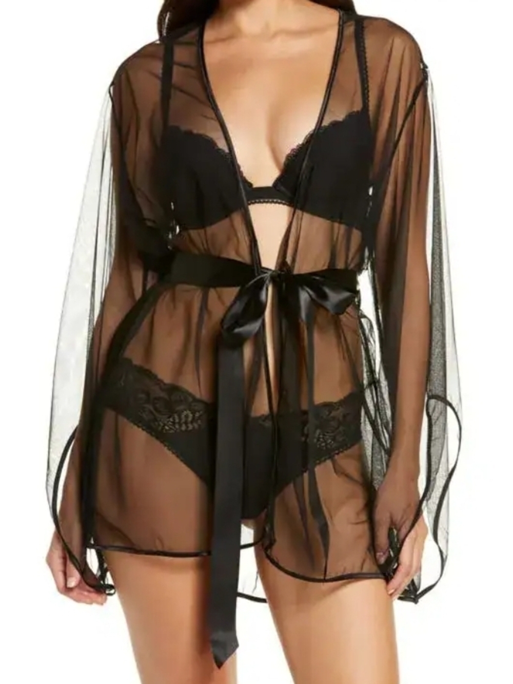 Sheer Black Mesh Kimono-Style Robe With Satin Tie